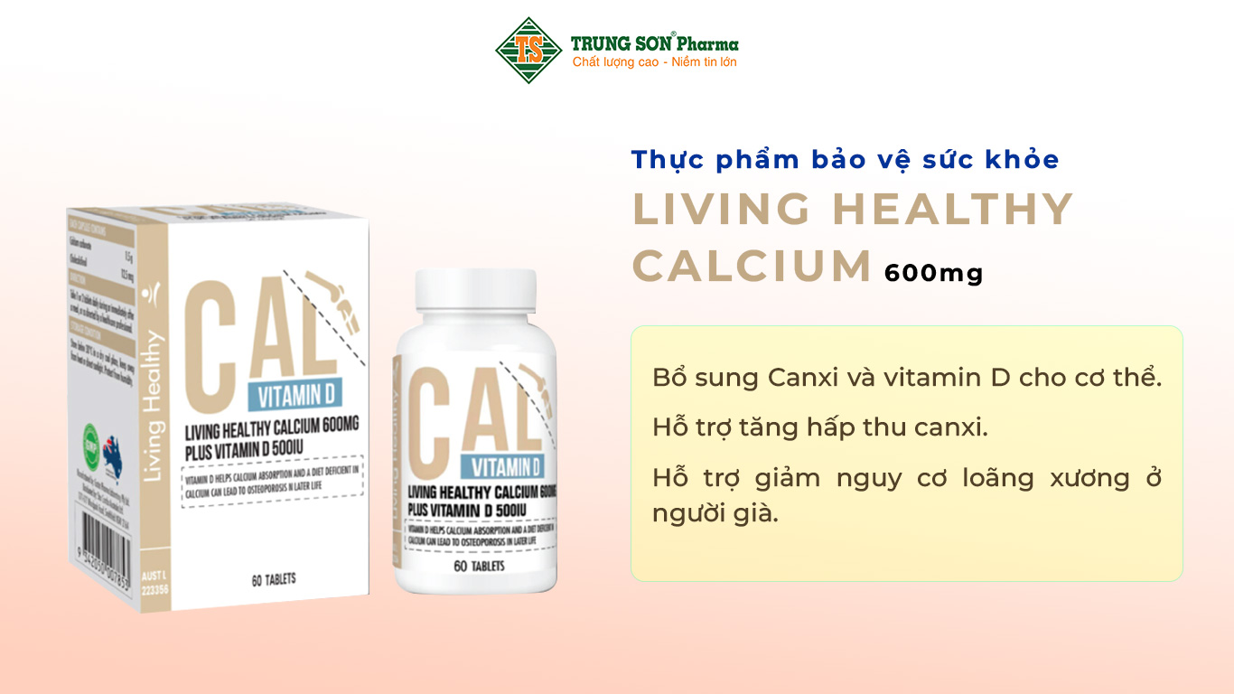 Thực phẩm bảo vệ sức khỏe Living Healthy Calcium 600mg Plus Vitamin D 500IU giúp bổ sung Canxi và vitamin D cho cơ thể. Hỗ trợ tăng hấp thu canxi. Hỗ trợ giảm nguy cơ loãng xương ở người già.