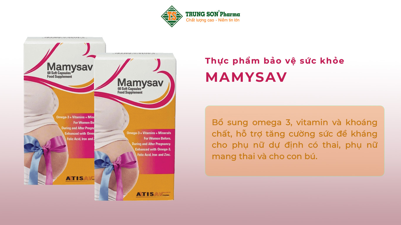 Thực phẩm bảo vệ sức khoẻ Mamysav bổ sung omega 3, vitamin và khoáng chất, hỗ trợ tăng cường sức đề kháng cho phụ nữ dự định có thai, phụ nữ mang thai và cho con bú.