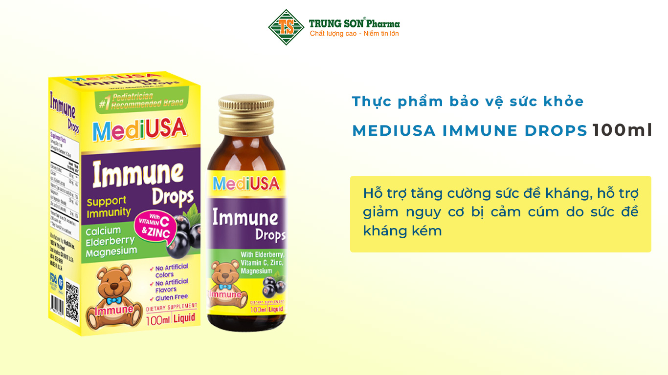 MediUSA Immune Drops giúp tăng cường sức đề kháng, hỗ trợ giảm nguy cơ bị cảm cúm do sức đề kháng kém.