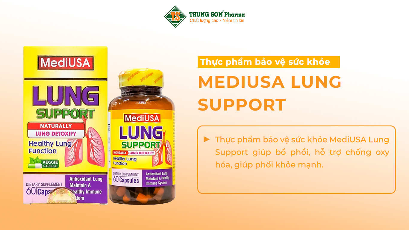 Thực phẩm bảo vệ sức khỏe MediUSA Lung Support giúp bổ phổi, hỗ trợ chống oxy hóa, giúp phối khỏe mạnh.