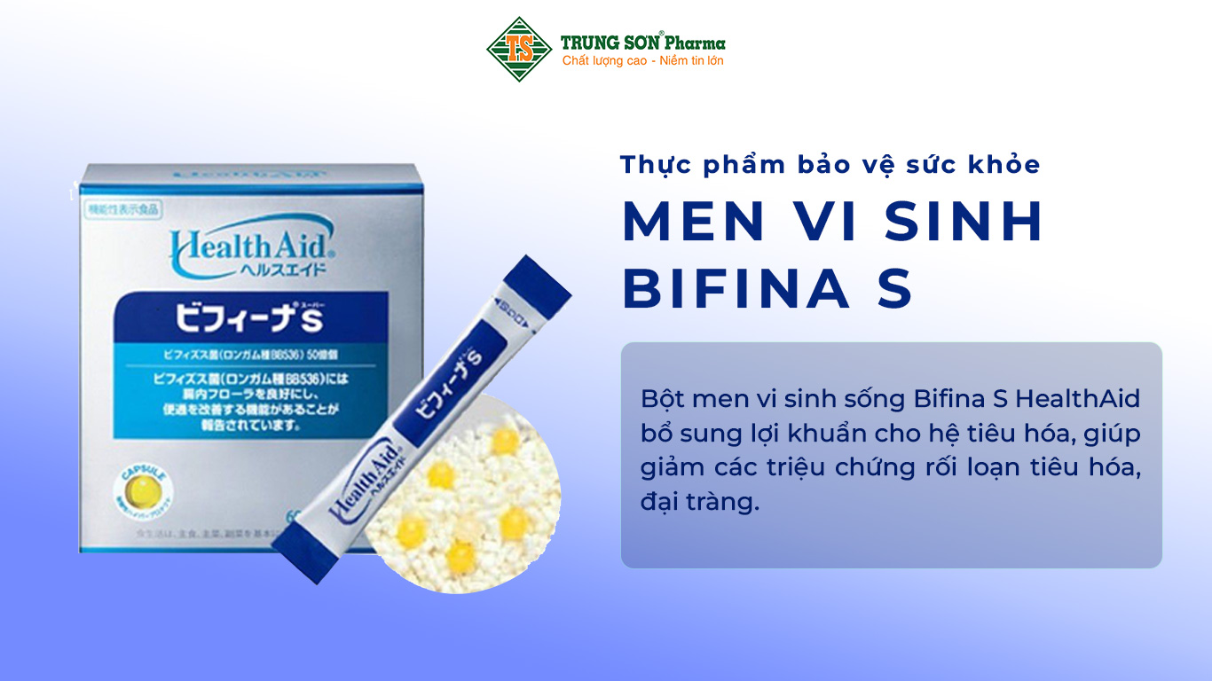 Bột men vi sinh sống Bifina S HealthAid bổ sung lợi khuẩn cho hệ tiêu hóa, giúp giảm các triệu chứng rối loạn tiêu hóa, đại tràng.