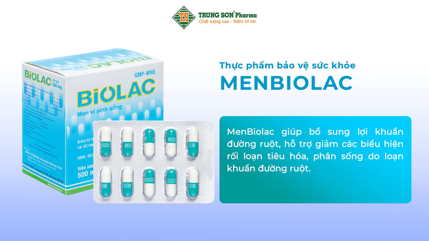 Thực phẩm bảo vệ sức khỏe MenBiolac giúp bổ sung lợi khuẩn đường ruột, hỗ trợ giảm các biểu hiện rối loạn tiêu hóa, phân sống do loạn khuẩn đường ruột.