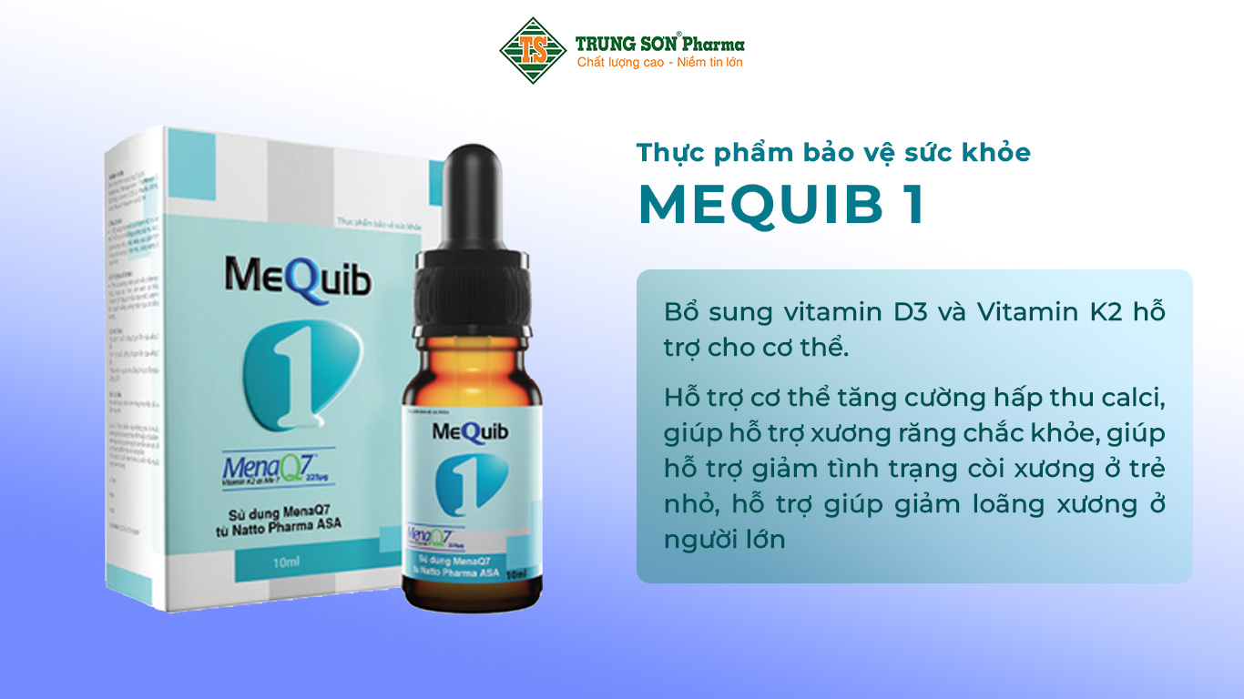 Mequib 1 bổ sung vitamin D3 và Vitamin K2 hỗ trợ cho cơ thể. Hỗ trợ cơ thể tăng cường hấp thu calci, giúp hỗ trợ xương răng chắc khỏe, giúp hỗ trợ giảm tình trạng còi xương ở trẻ nhỏ, hỗ trợ giúp giảm loãng xương ở người lớn