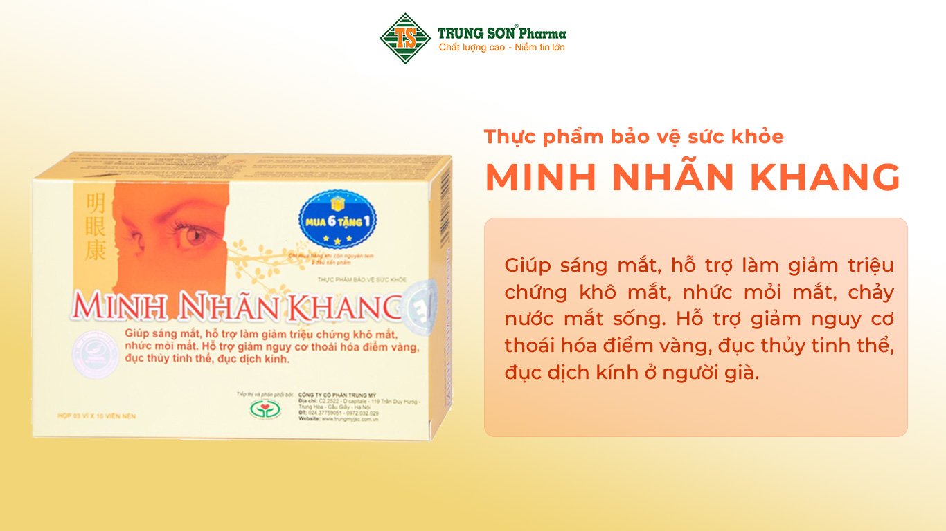 Minh Nhãn Khang giúp sáng mắt, hỗ trợ làm giảm triệu chứng khô mắt, nhức mỏi mắt, chảy nước mắt sống. Hỗ trợ giảm nguy cơ thoái hóa điểm vàng, đục thủy tinh thể, đục dịch kính ở người già.