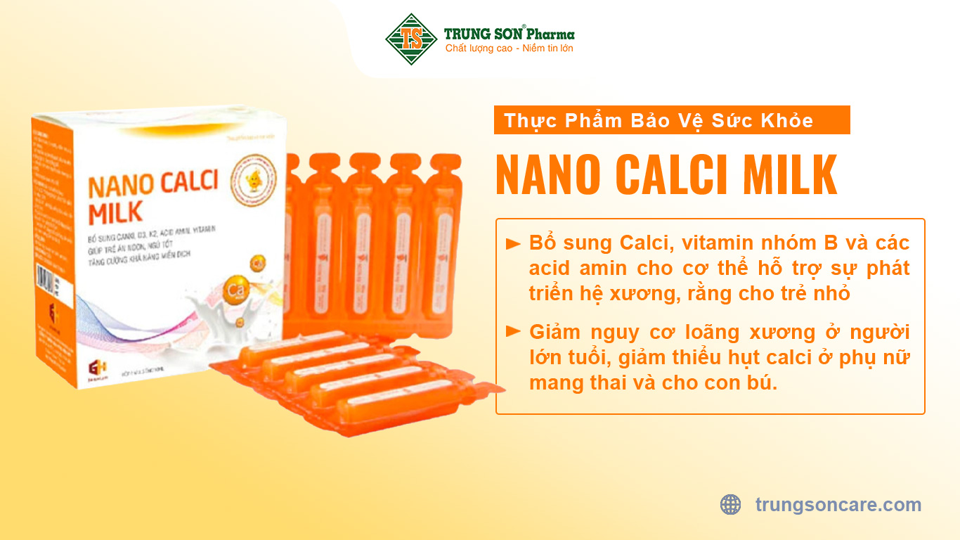 Thực phẩm bảo vệ sức khỏe Nano Calci Milk Bổ sung Calci, vitamin nhóm B và các acid amin cho cơ thể hỗ trợ sự phát triển hệ xương, rằng cho trẻ nhỏ, giảm nguy cơ loãng xương ở người lớn tuổi, giảm thiểu hụt calci ở phụ nữ mang thai và cho con bú