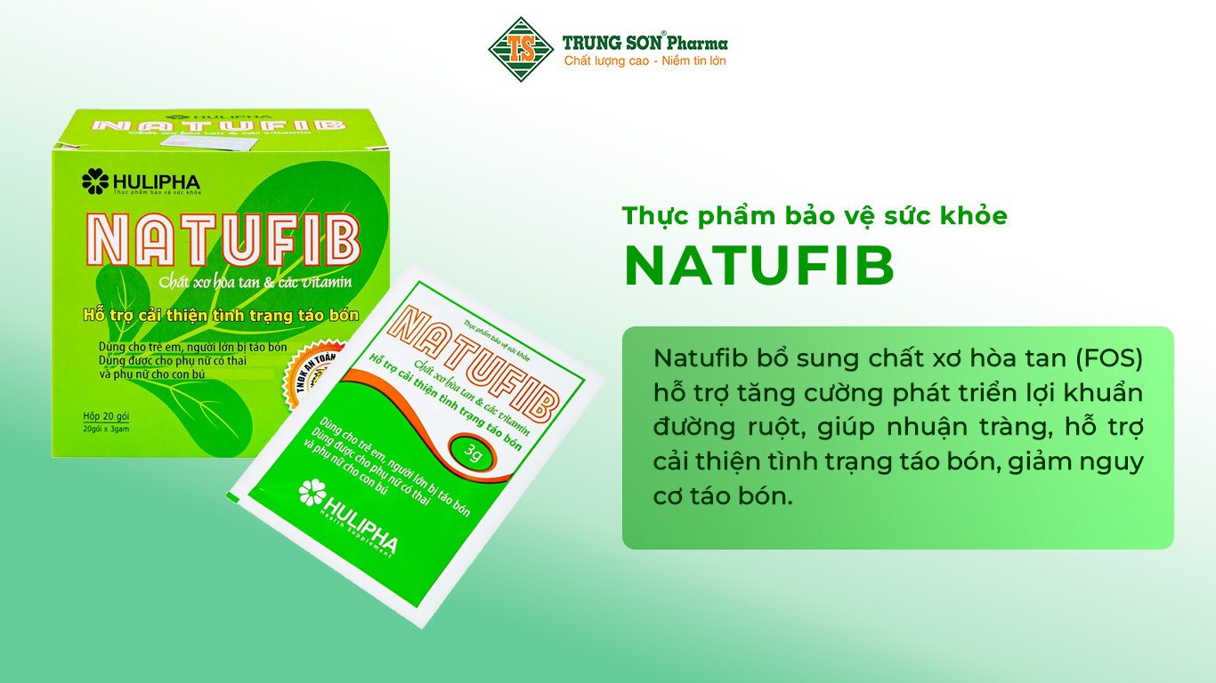 Natufib bổ sung chất xơ hòa tan (FOS) hỗ trợ tăng cường phát triển lợi khuẩn đường ruột, giúp nhuận tràng, hỗ trợ cải thiện tình trạng táo bón, giảm nguy cơ táo bón.