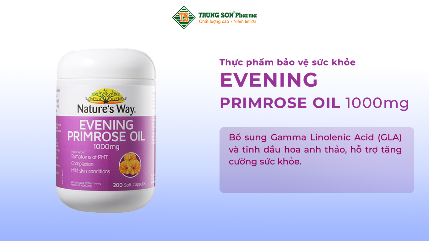 Viên uống Nature's Way Evening Primrose Oil 1000mg bổ sung Gamma Linolenic Acid (GLA) và tinh dầu hoa anh thảo, hỗ trợ tăng cường sức khỏe.