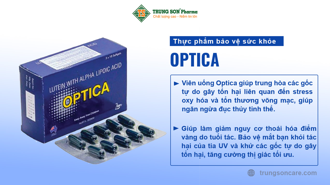 Viên uống Optica giúp trung hòa các gốc tự do gây tổn hại liên quan đến stress oxy hóa và tổn thương võng mạc, giúp ngăn ngừa đục thủy tinh thể. Giúp làm giảm nguy cơ thoái hóa điểm vàng do tuổi tác. Bảo vệ mắt bạn khỏi tác hại của tia UV và khử các gốc tự do gây tổn hại, tăng cường thị giác tối ưu.