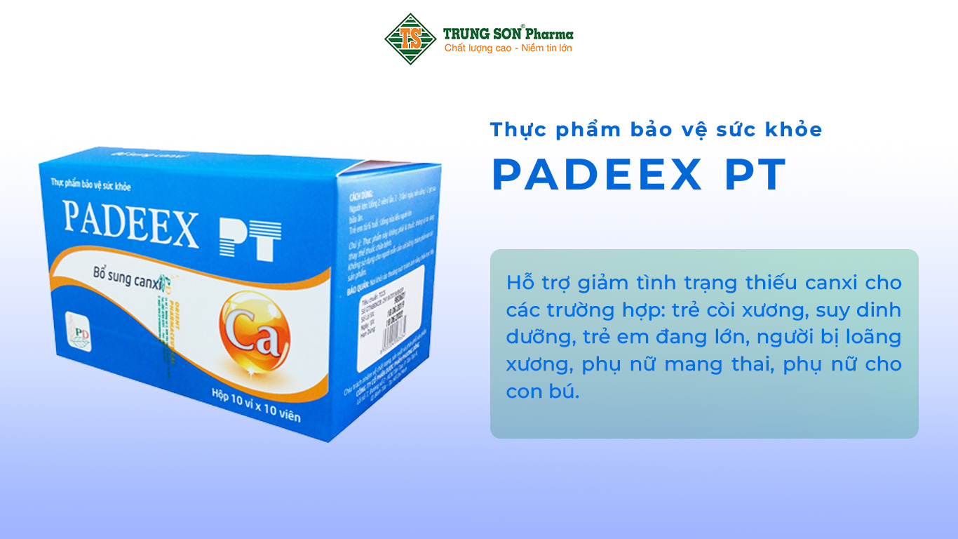 Padeex PT bổ sung canxi, hỗ trợ giảm tình trạng thiếu canxi cho các trường hợp: trẻ còi xương, suy dinh dưỡng, trẻ em đang lớn, người bị loãng xương, phụ nữ mang thai, phụ nữ cho con bú.