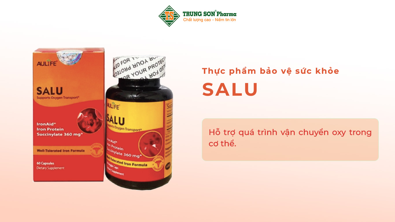 Thực phẩm bảo vệ sức khỏe Salu giúp bổ sung sắt, hỗ trợ quá trình vận chuyển oxy trong cơ thể.