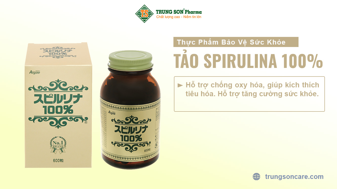 Thực phẩm bảo vệ sức khỏe: Tảo Spirulina 100% hỗ trợ chống oxy hóa, giúp kích thích tiêu hóa. Hỗ trợ tăng cường sức khỏe.