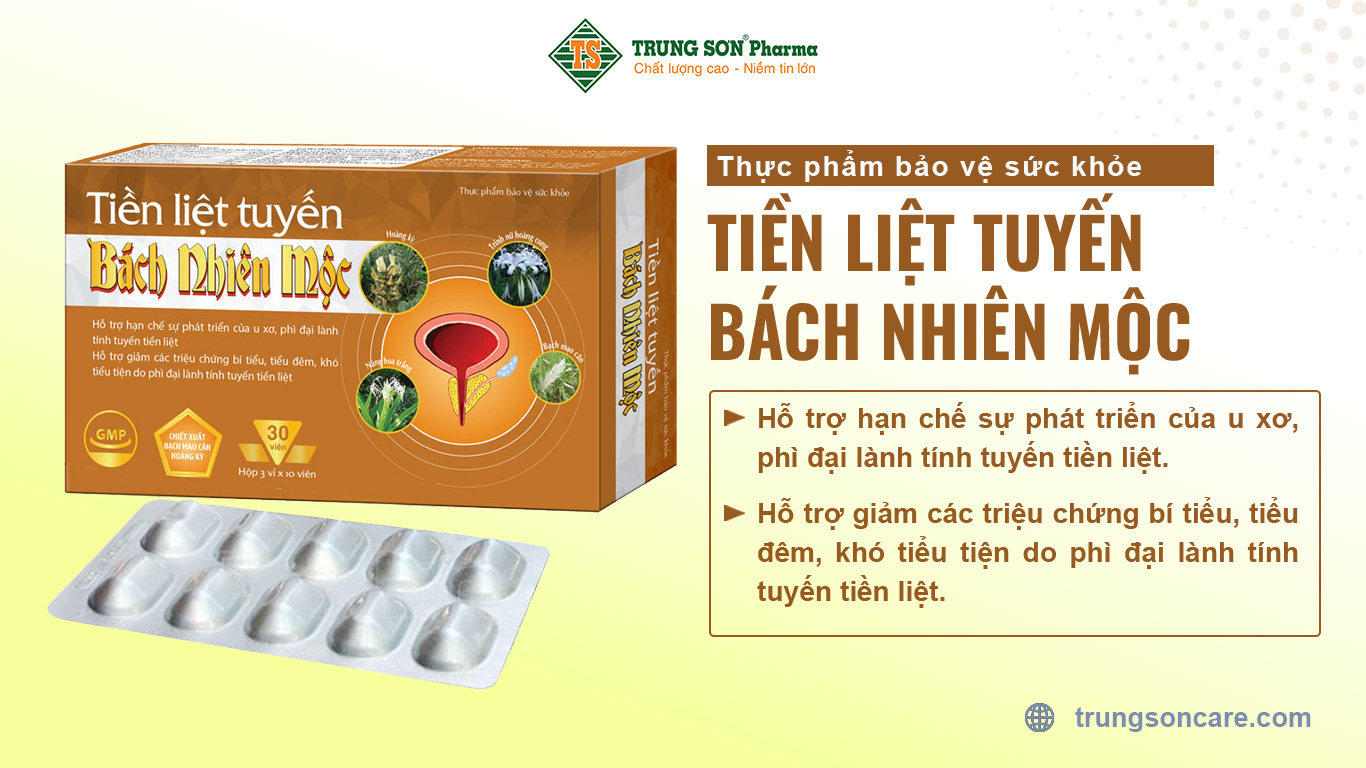 Thực phẩm bảo vệ sức khoẻ Tiền liệt tuyến Bách Nhiên Mộc hỗ trợ hạn chế sự phát triển của u xơ, phì đại lành tính tuyến tiền liệt. Hỗ trợ giảm các triệu chứng bí tiểu, tiểu đêm, khó tiểu tiện do phì đại lành tính tuyến tiền liệt.