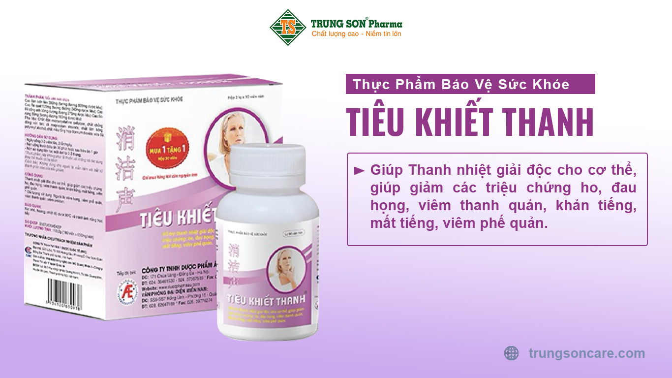 Thực phẩm bảo vệ sức khỏe Tiêu Khiết Thanh giúp Thanh nhiệt giải độc cho cơ thể, giúp giảm các triệu chứng ho, đau họng, viêm thanh quản, khản tiếng, mất tiếng, viêm phế quản.