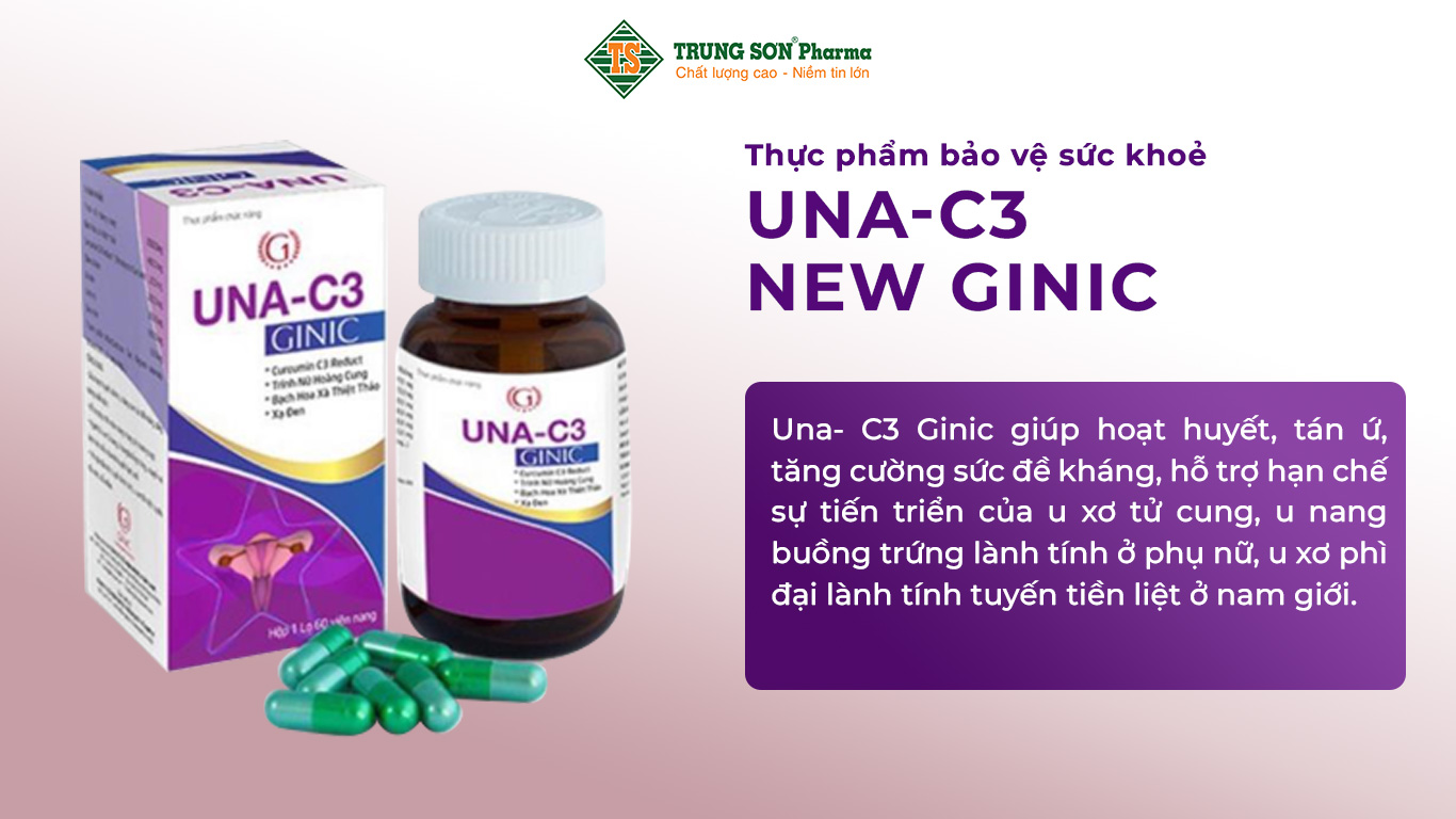 Una- C3 Ginic giúp hoạt huyết, tán ứ, tăng cường sức đề kháng, hỗ trợ hạn chế sự tiến triển của u xơ tử cung, u nang buồng trứng lành tính ở phụ nữ, u xơ phì đại lành tính tuyến tiền liệt ở nam giới.