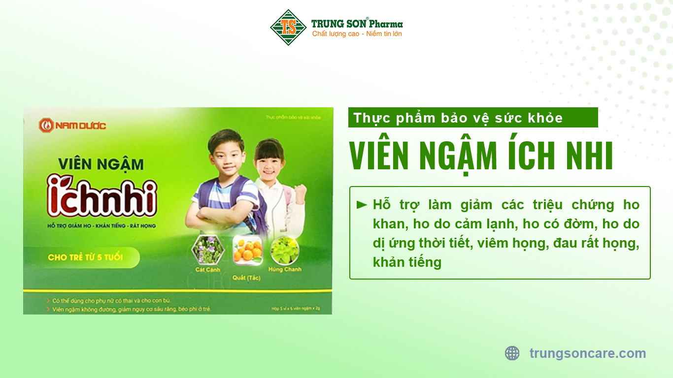 Thực phẩm bảo vệ sức khỏe Viên ngậm Ích Nhi Hỗ trợ làm giảm các triệu chứng ho khan, ho do cảm lạnh, ho có đờm, ho do dị ứng thời tiết, viêm họng, đau rất họng, khản tiếng