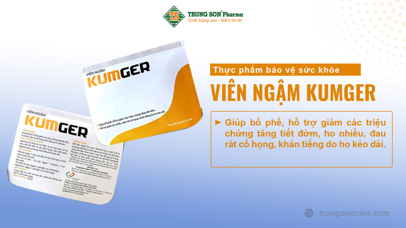 Thực phẩm bảo vệ sức khoẻ Viên Ngậm Kumger giúp bổ phế, hỗ trợ giảm các triệu chứng tăng tiết đờm, ho nhiều, đau rát cổ họng, khản tiếng do ho kéo dài.