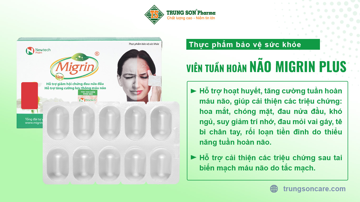 Thực phẩm bảo vệ sức khỏe Viên tuần hoàn não Migrin Plus (20 viên) hỗ trợ hoạt huyết, tăng cường tuần hoàn máu não, giúp cải thiện các triệu chứng: hoa mắt, chóng mặt, đau nửa đầu, khó ngủ, suy giảm trí nhớ, đau mỏi vai gáy, tê bì chân tay, rối loạn tiền đình do thiểu năng tuần hoàn não. Hỗ trợ cải thiện các triệu chứng sau tai biến mạch máu não do tắc mạch.