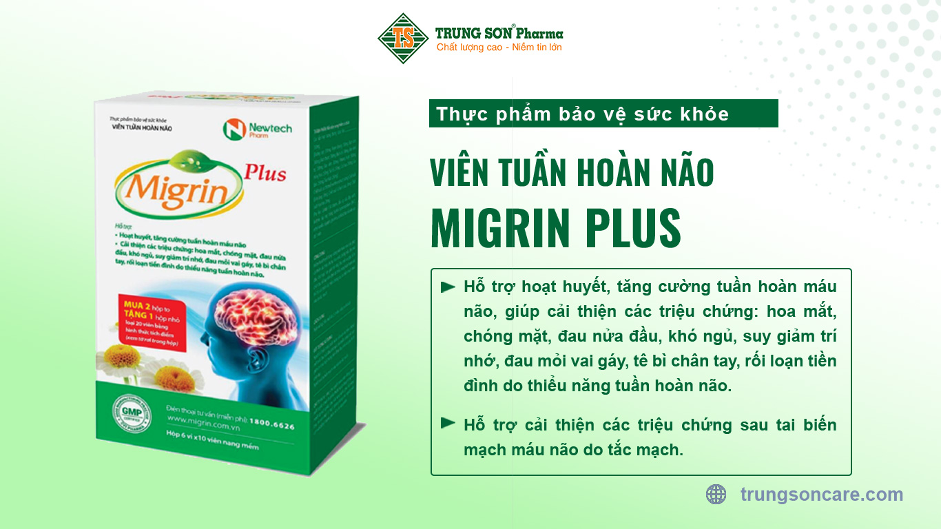 Thực phẩm bảo vệ sức khỏe Viên tuần hoàn não Migrin Plus hỗ trợ hoạt huyết, tăng cường tuần hoàn máu não, giúp cải thiện các triệu chứng: hoa mắt, chóng mặt, đau nửa đầu, khó ngủ, suy giảm trí nhớ, đau mỏi vai gáy, tê bì chân tay, rối loạn tiền đình do thiểu năng tuần hoàn não.Hỗ trợ cải thiện các triệu chứng sau tai biến mạch máu não do tắc mạch.