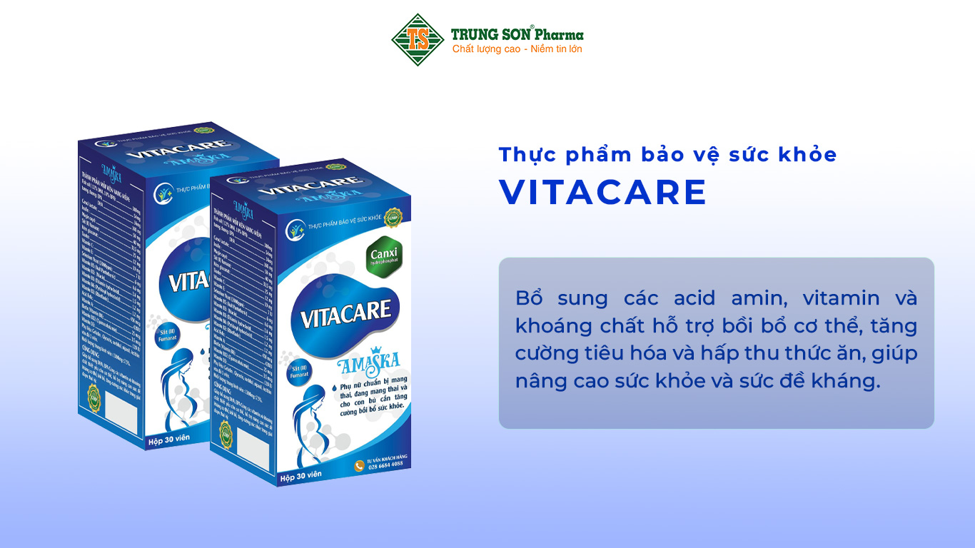 Thực phẩm bảo vệ sức khỏe VITACARE giúp bổ sung các acid amin, vitamin và khoáng chất hỗ trợ bồi bổ cơ thể, tăng cường tiêu hóa và hấp thu thức ăn, giúp nâng cao sức khỏe và sức đề kháng.