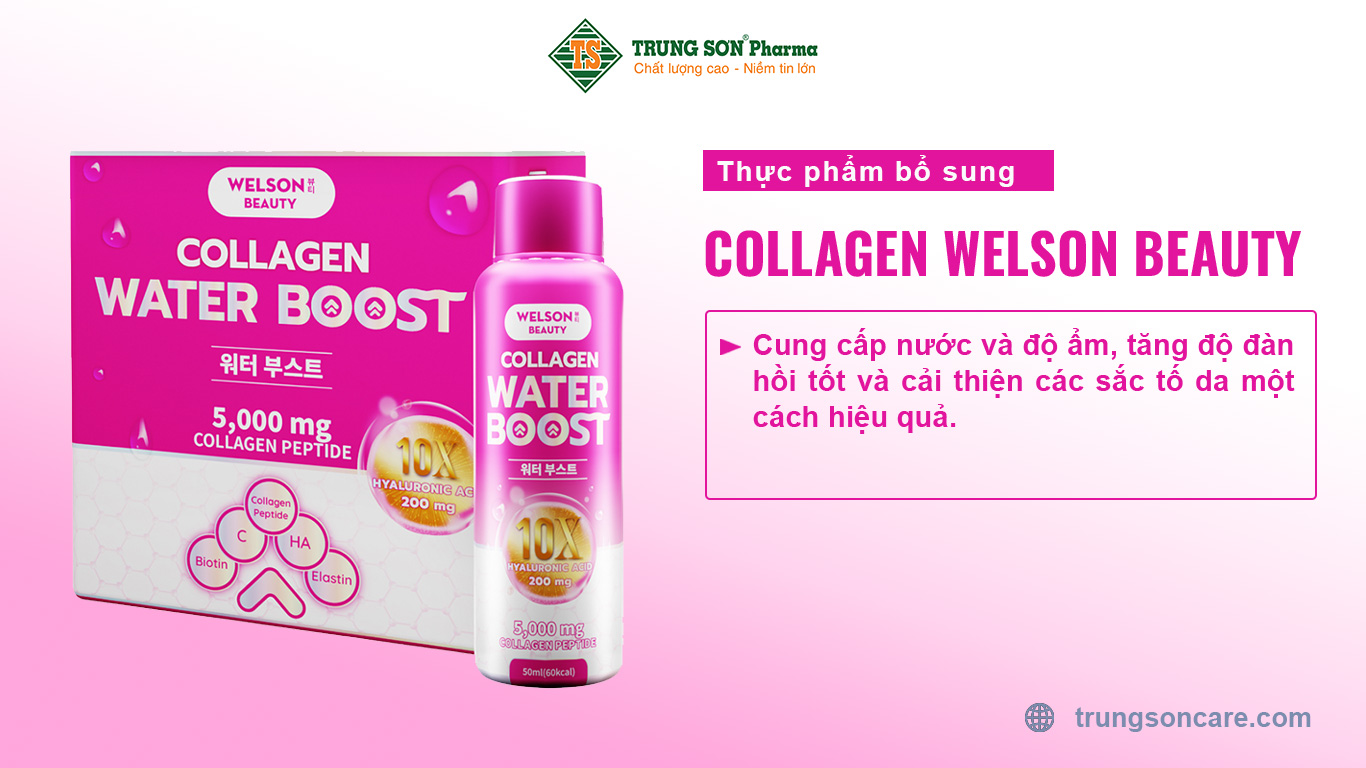 Thực phẩm bổ sung NƯỚC UỐNG COLLAGEN WELSON BEAUTY 10X WATER BOOST giúp cung cấp nước và độ ẩm, tăng độ đàn hồi tốt và cải thiện các sắc tố da một cách hiệu quả.