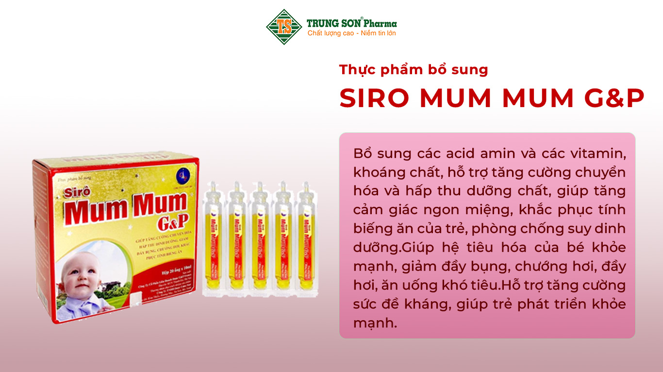 Thực phẩm bổ sung Siro Mum Mum G&P Bổ sung các acid amin và các vitamin, khoáng chất, hỗ trợ tăng cường chuyển hóa và hấp thu dưỡng chất, giúp tăng cảm giác ngon miệng, khắc phục tính biếng ăn của trẻ, phòng chống suy dinh dưỡng.Giúp hệ tiêu hóa của bé khỏe mạnh, giảm đầy bụng, chướng hơi, đầy hơi, ăn uống khó tiêu.Hỗ trợ tăng cường sức đề kháng, giúp trẻ phát triển khỏe mạnh.