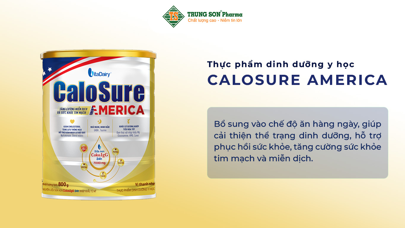 Thực phẩm dinh dưỡng y học Calosure America là sản phẩm dinh dưỡng khoa học dùng để bổ sung vào chế độ ăn hàng ngày, giúp cải thiện thể trạng dinh dưỡng, hỗ trợ phục hồi sức khỏe, tăng cường sức khỏe tim mạch và miễn dịch.