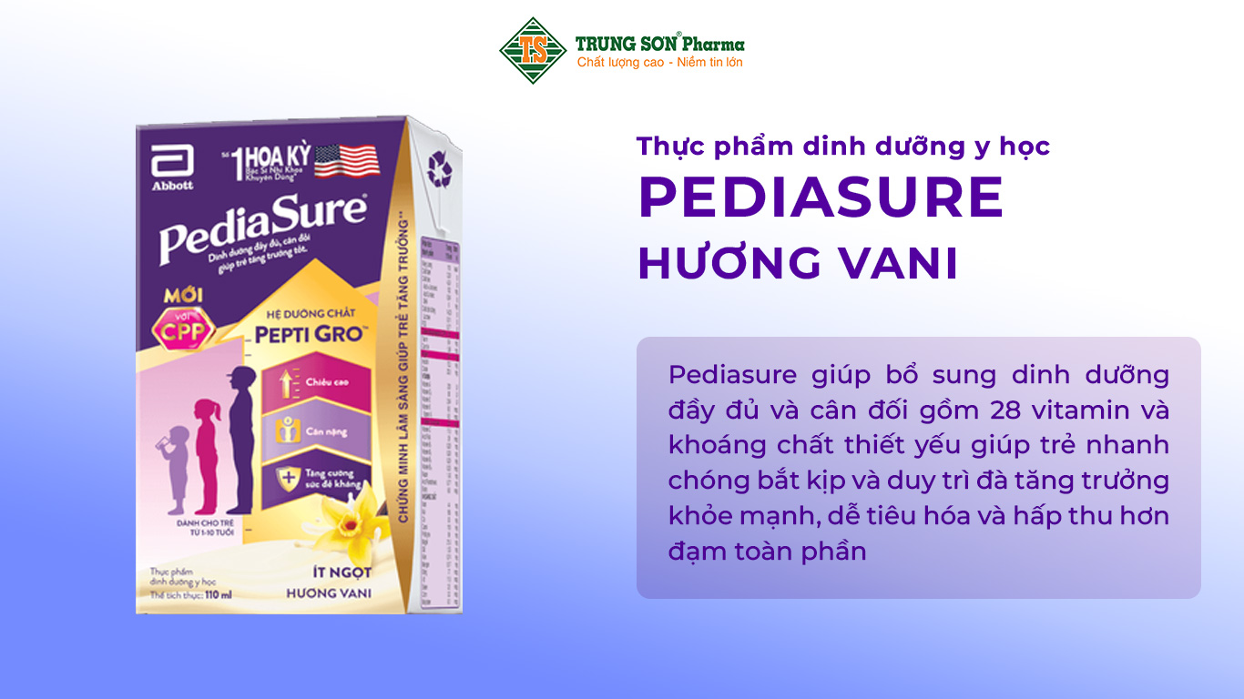 Pediasure giúp bổ sung dinh dưỡng đầy đủ và cân đối gồm 28 vitamin và khoáng chất thiết yếu giúp trẻ nhanh chóng bắt kịp và duy trì đà tăng trưởng khỏe mạnh, dễ tiêu hóa và hấp thu hơn đạm toàn phần