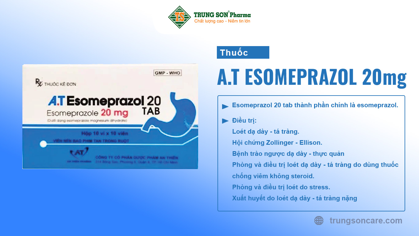 Esomeprazol 20 tab của Công ty CPDP An Thiên, thành phần chính là esomeprazol.Đây là thuốc dùng để điều trị: Loét dạ dày - tá tràng, hội chứng Zollinger – Ellison, bệnh trào ngược dạ dày - thực quản (viêm thực quản trợt xước, loét hoặc thắt hẹp được xác định bằng nội soi), phòng và điều trị loét dạ dày - tá tràng do dùng thuốc chống viêm không steroid, phòng và điều trị loét do stress, xuất huyết do loét dạ dày - tá tràng nặng, sau khi điều trị bằng nội soi (để phòng xuất huyết tái phát).