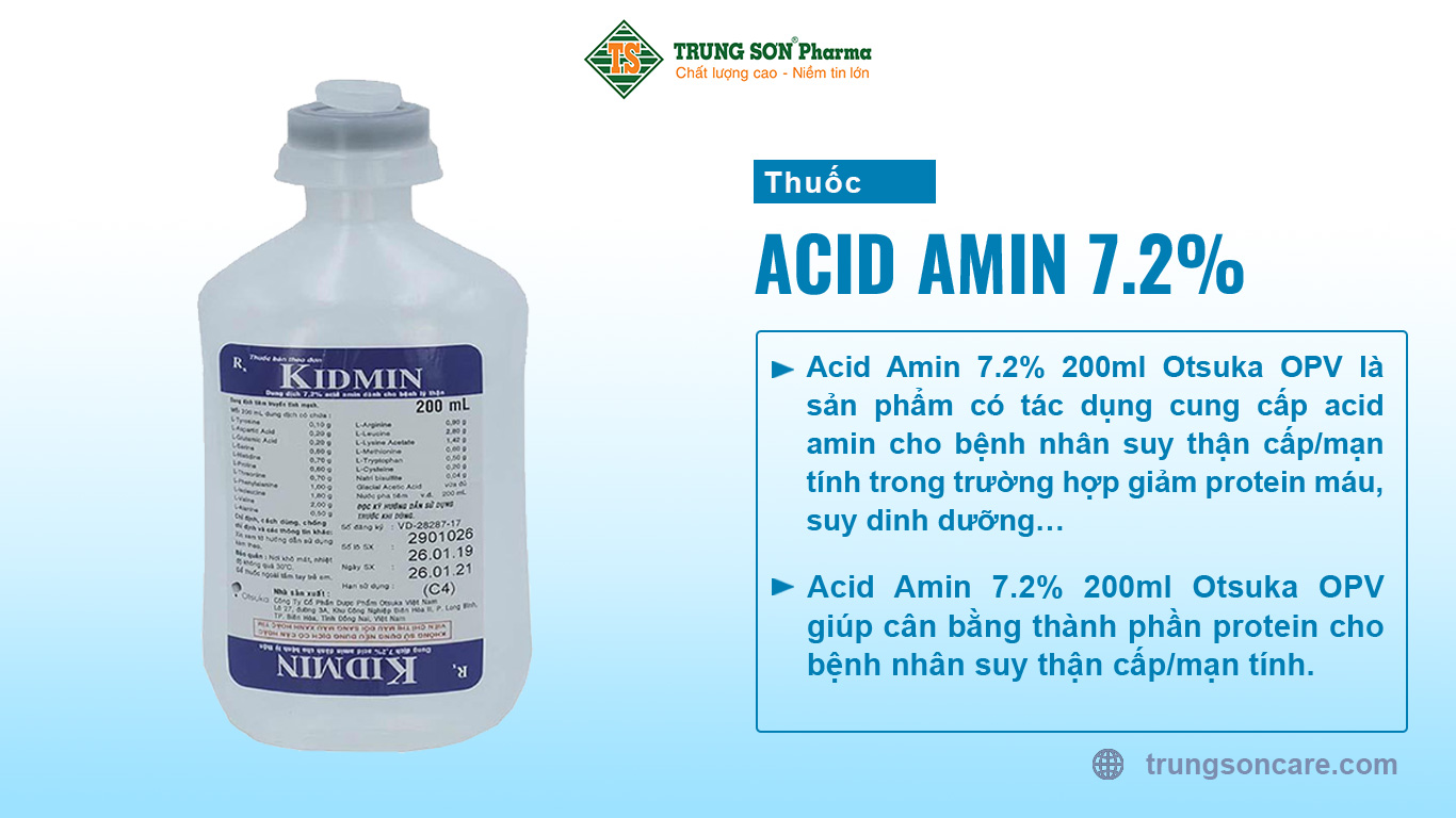 Acid Amin 7.2% 200ml Otsuka OPV là sản phẩm có tác dụng cung cấp acid amin cho bệnh nhân suy thận cấp/mạn tính trong trường hợp giảm protein máu, suy dinh dưỡng…Ngoài ra Acid Amin 7.2% 200ml Otsuka OPV còn giúp cân bằng thành phần protein cho bệnh nhân suy thận cấp/mạn tính.