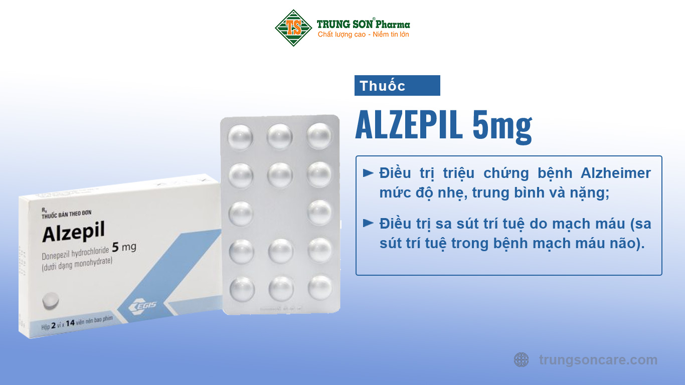 Thuốc Alzepil 5mg dùng để điều trị điều trị triệu chứng bệnh Alzheimer mức độ nhẹ, trung bình và nặng; sa sút trí tuệ do mạch máu (sa sút trí tuệ trong bệnh mạch máu não).