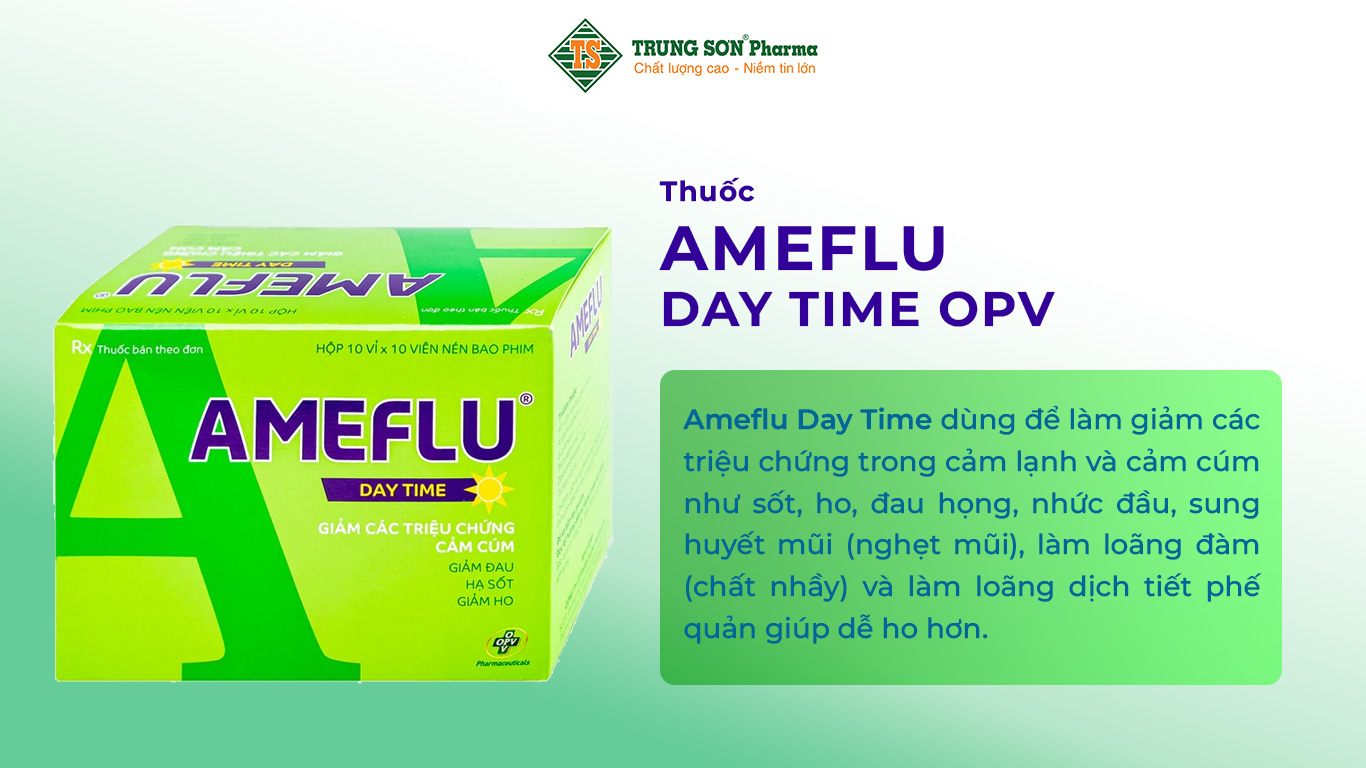 Ameflu Day Time dùng để làm giảm các triệu chứng trong cảm lạnh và cảm cúm như sốt, ho, đau họng, nhức đầu, sung huyết mũi (nghẹt mũi), làm loãng đàm (chất nhầy) và làm loãng dịch tiết phế quản giúp dễ ho hơn.