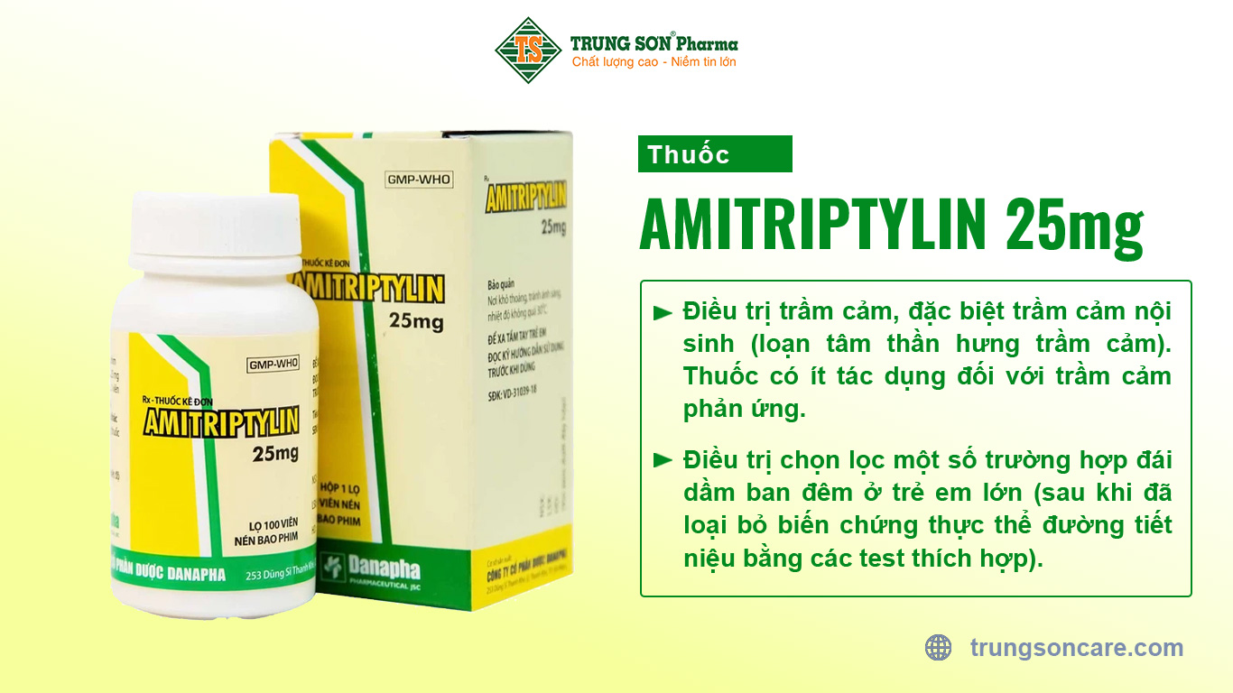 Amitriptylin 25mg là thuốc chống trầm cảm 3 vòng có tác dụng an thần dùng để điều trị trầm cảm, đặc biệt trầm cảm nội sinh và điều trị chọn lọc một số trường hợp đái dầm ban đêm ở trẻ lớn. Viên nén bao phim hình trụ tròn, 2 mặt lồi, màu vàng sáng, một mặt nhẵn bóng, mặt kia có chữ số"25". Cạnh và thành viên lành lặn.