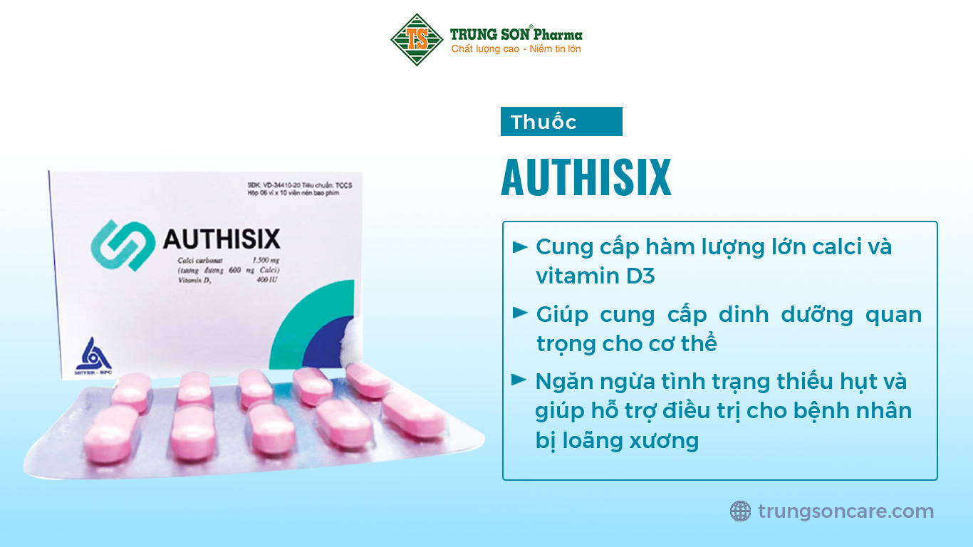 Thuốc Authisix cung cấp hàm lượng lớn calci và vitamin D3, giúp cung cấp dinh dưỡng quan trọng cho cơ thể, ngăn ngừa tình trạng thiếu hụt và giúp hỗ trợ điều trị cho bệnh nhân bị loãng xương