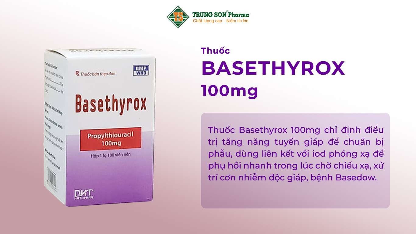 Thuốc Basethyrox 100mg là sản phẩm của Dược phẩm Hà Tây, có thành phần chính là Propylthiouracil. Thuốc Basethyrox 100mg chỉ định điều trị tăng năng tuyến giáp để chuẩn bị phẫu, dùng liên kết với iod phóng xạ để phụ hồi nhanh trong lúc chờ chiếu xạ, xử trí cơn nhiễm độc giáp, bệnh Basedow.