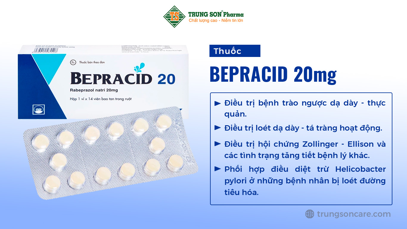 Thuốc Bepracid có dược chất chính là 20mg rabeprazole. Thuốc được dùng trong các chỉ định điều trị trào ngược dạ dày – thực quản, loét dạ dày - tá tràng hoạt động, phối hợp điều trị H.pylori, hội chứng Zollinger - Ellison và các tình trạng tăng tiết bệnh lý khác.