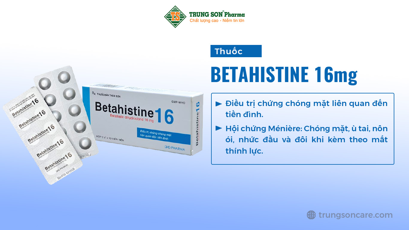 Betahistine 16mg dạng viên nén chứa hoạt chất Betahistin Dihydroclorid được sản xuất bởi Công ty Cổ phần Dược Hậu Giang. Betahistine điều trị chứng chóng mặt liên quan đến tiền đình, hội chứng Ménière: Chóng mặt, ù tai, nôn ói, nhức đầu và đôi khi kèm theo mất thính lực.