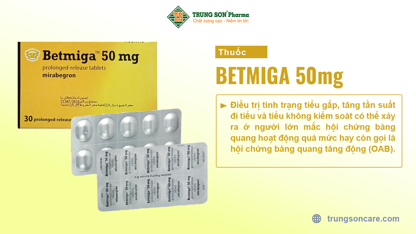 Betmiga 50mg Astellas Pharma là thuốc điều trị hội chứng bàng quang hoạt động quá mức hay còn gọi là hội chứng bàng quang tăng động (OAB) với các biểu hiện như: đi tiểu khẩn cấp (đột ngột muốn đi tiểu), tăng tần suất đi tiểu (nhu cầu đi tiểu thường xuyên) và tiểu không kiểm soát (rò rỉ nước tiểu không tự chủ từ bàng quang khi cảm thấy đột ngột cần đi tiểu).