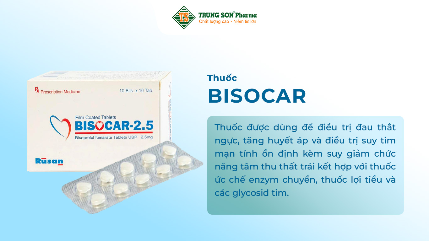 Thuốc Bisocar 5mg là một sản phẩm của công ty Rusan Pharma Ltd., chứa thành phần hoạt chất bisoprolol fumarat. Thuốc được dùng để điều trị đau thắt ngực, tăng huyết áp và điều trị suy tim mạn tính ổn định kèm suy giảm chức năng tâm thu thất trái kết hợp với thuốc ức chế enzym chuyển, thuốc lợi tiểu và các glycosid tim.