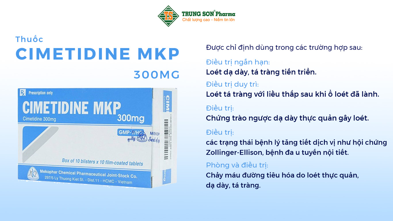 Cimetidine 300mg của Công ty Cổ phần Hoá - Dược phẩm Mekophar, thành phần chính Cimetidin 300mg, là thuốc dùng để điều trị ngắn hạn loét dạ dày, tá tràng tiến triển.