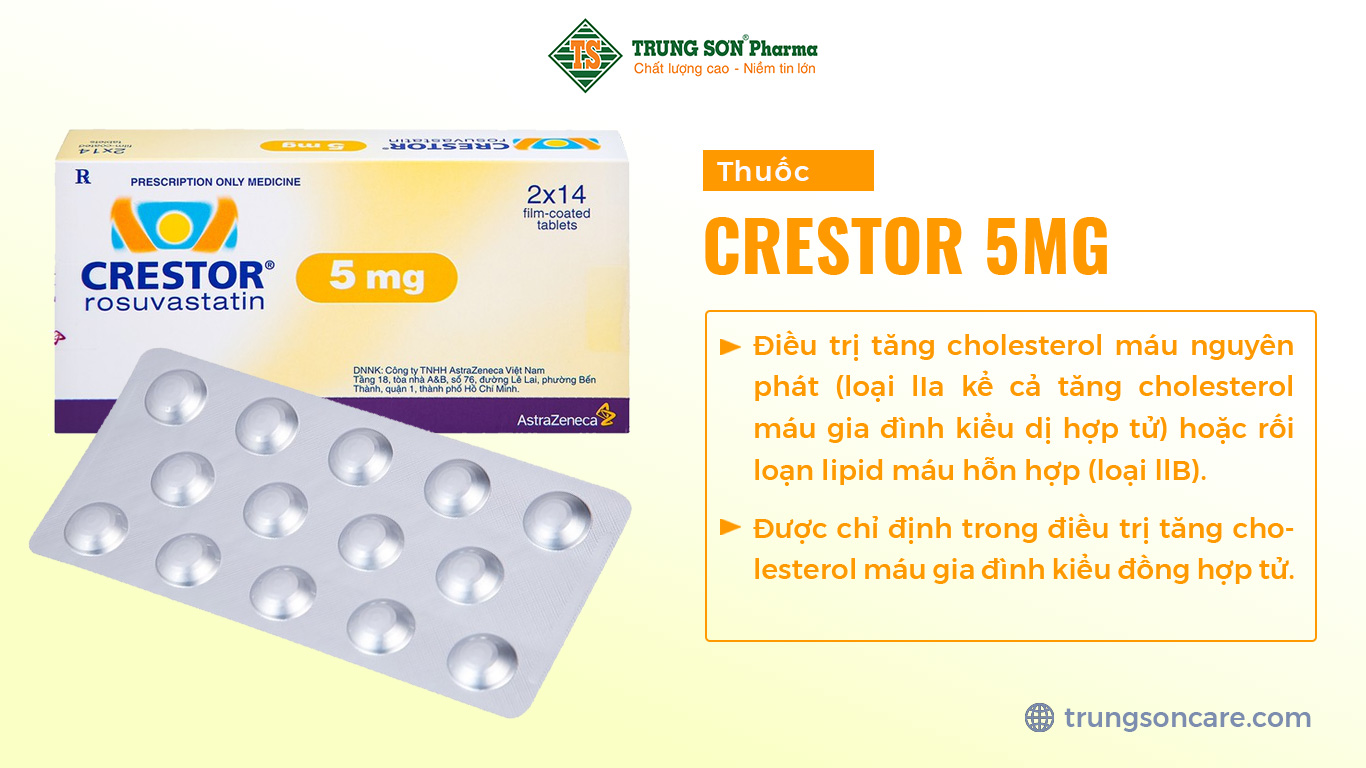 Crestor 5 mg là sản phẩm của Công ty AstraZeneca, thành phần chính là rosuvastatin. Thuốc dùng để điều trị tăng cholesterol máu nguyên phát (loại lIa kể cả tăng cholesterol máu gia đình kiểu dị hợp tử) hoặc rối loạn lipid máu hỗn hợp (loại llB). Ngoài ra, Crestor 5mg còn được chỉ định trong điều trị tăng cholesterol máu gia đình kiểu đồng hợp tử.