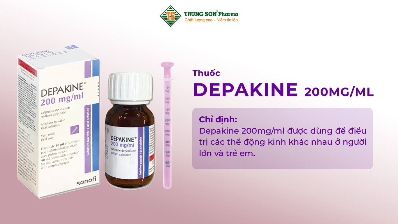 Depakine 200mg/ml dạng nước do công ty Sanofi-aventis sản xuất. Thuốc có thành phần chính là natri valproate. Depakine 200mg/ml được dùng để điều trị các thể động kinh khác nhau ở người lớn và trẻ em.