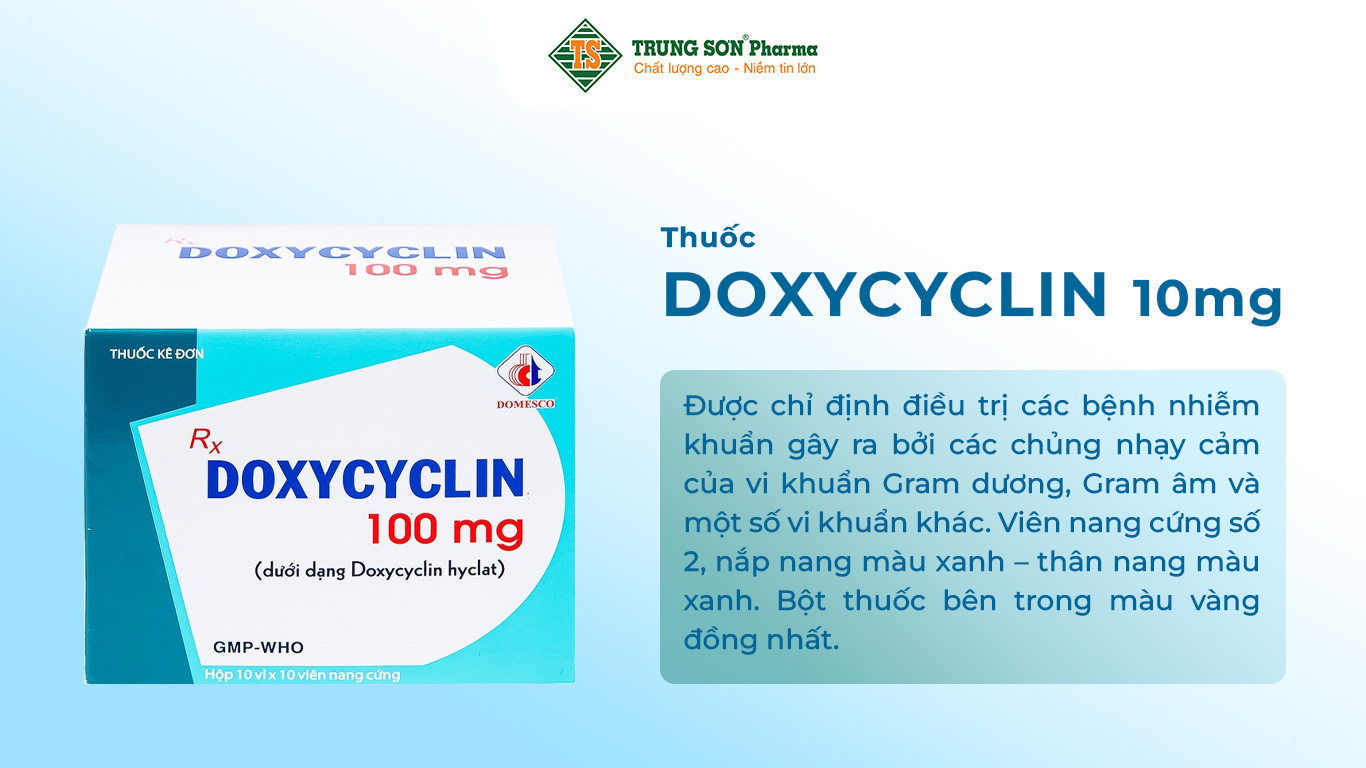 Doxycyclin 100mg Domesco do công ty Domesco, Việt Nam sản xuất, có thành phần chính là kháng sinh Doxycyclin 100mg được chỉ định điều trị các bệnh nhiễm khuẩn gây ra bởi các chủng nhạy cảm của vi khuẩn Gram dương, Gram âm và một số vi khuẩn khác. Viên nang cứng số 2, nắp nang màu xanh – thân nang màu xanh. Bột thuốc bên trong màu vàng đồng nhất.