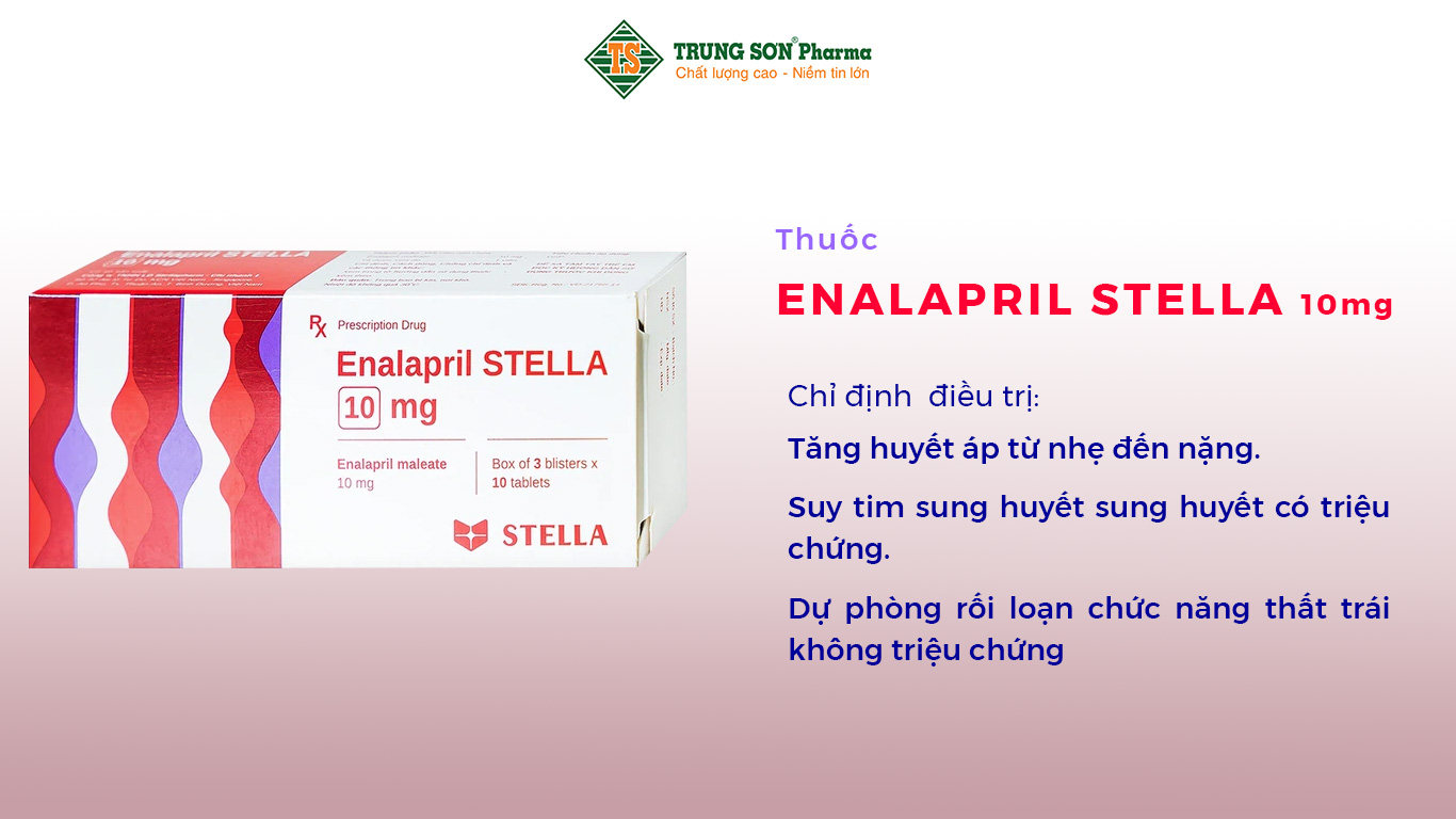 Enalapril Stella 10mg có thành phần chính Enalapril Maleat, là thuốc dùng để điều trị tăng huyết áp, suy tim sung huyết, điều trị dự phòng ở bệnh nhân rối loạn chức năng thất trái không triệu chứng để làm chậm sự phát triển trở thành suy tim có triệu chứng và ở bệnh nhân rối loạn chức năng thất trái để làm giảm tỷ lệ mắc bệnh thiếu máu cục bộ mạch vành, kể cả nhồi máu cơ tim.