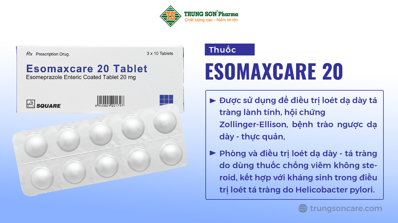 Esomaxcare 20 mg được sản xuất bởi Công ty Square Pharmaceuticals Ltd., thành phần chính esomeprazol, là thuốc được sử dụng để điều trị loét dạ dày tá tràng lành tính, hội chứng Zollinger-Ellison, bệnh trào ngược dạ dày - thực quản, phòng và điều trị loét dạ dày - tá tràng do dùng thuốc chống viêm không steroid, kết hợp với kháng sinh trong điều trị loét tá tràng do Helicobacter pylori.