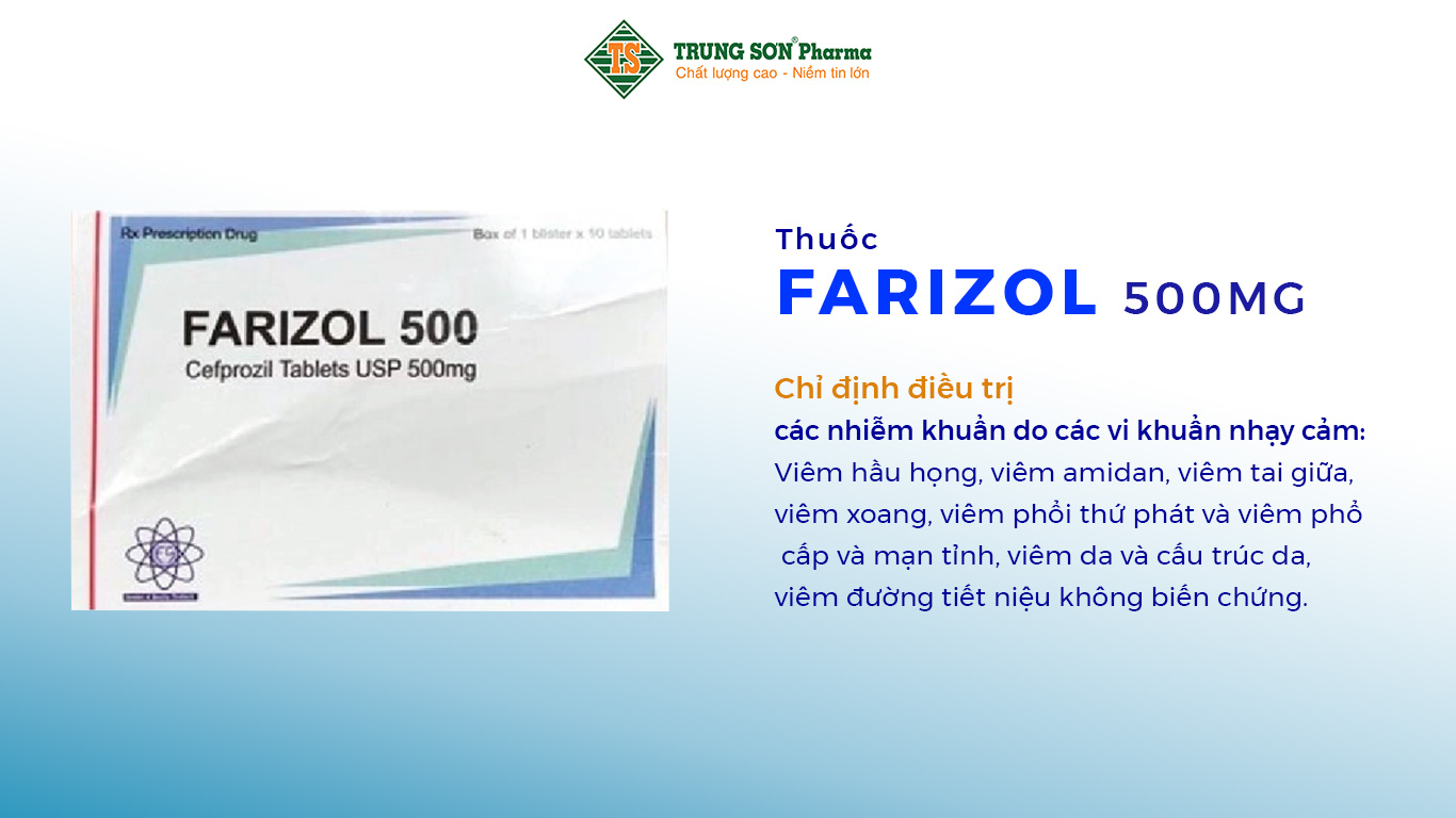 Thuốc Farizol 500 Kwality Pharmaceutical là thuốc dùng trong điều trị nhiễm trùng ở mức độ từ nhẹ tới trung bình do nhiễm khuẩn da, đường hô hấp, với các hoạt chất là Cefprozil.