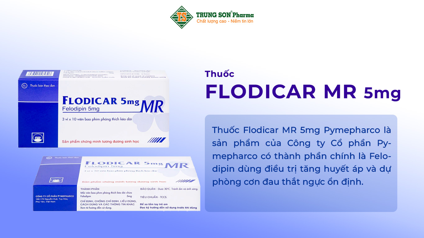 Thuốc Flodicar MR 5mg Pymepharco là sản phẩm của Công ty Cổ phần Pymepharco có thành phần chính là Felodipin dùng điều trị tăng huyết áp và dự phòng cơn đau thắt ngực ổn định