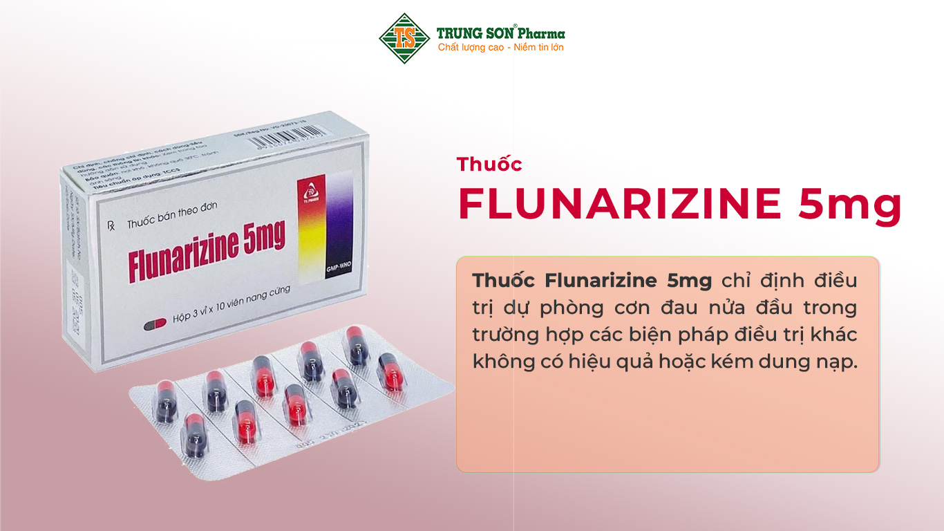 Thuốc Flunarizine 5mg là sản phẩm của TV Pharm chứa hoạt chất Flunarizin (dạng Flunarizin.2HCl) dùng trong điều trị dự phòng cơn đau nửa đầu trong trường hợp các biện pháp điều trị khác không có hiệu quả hoặc kém dung nạp.