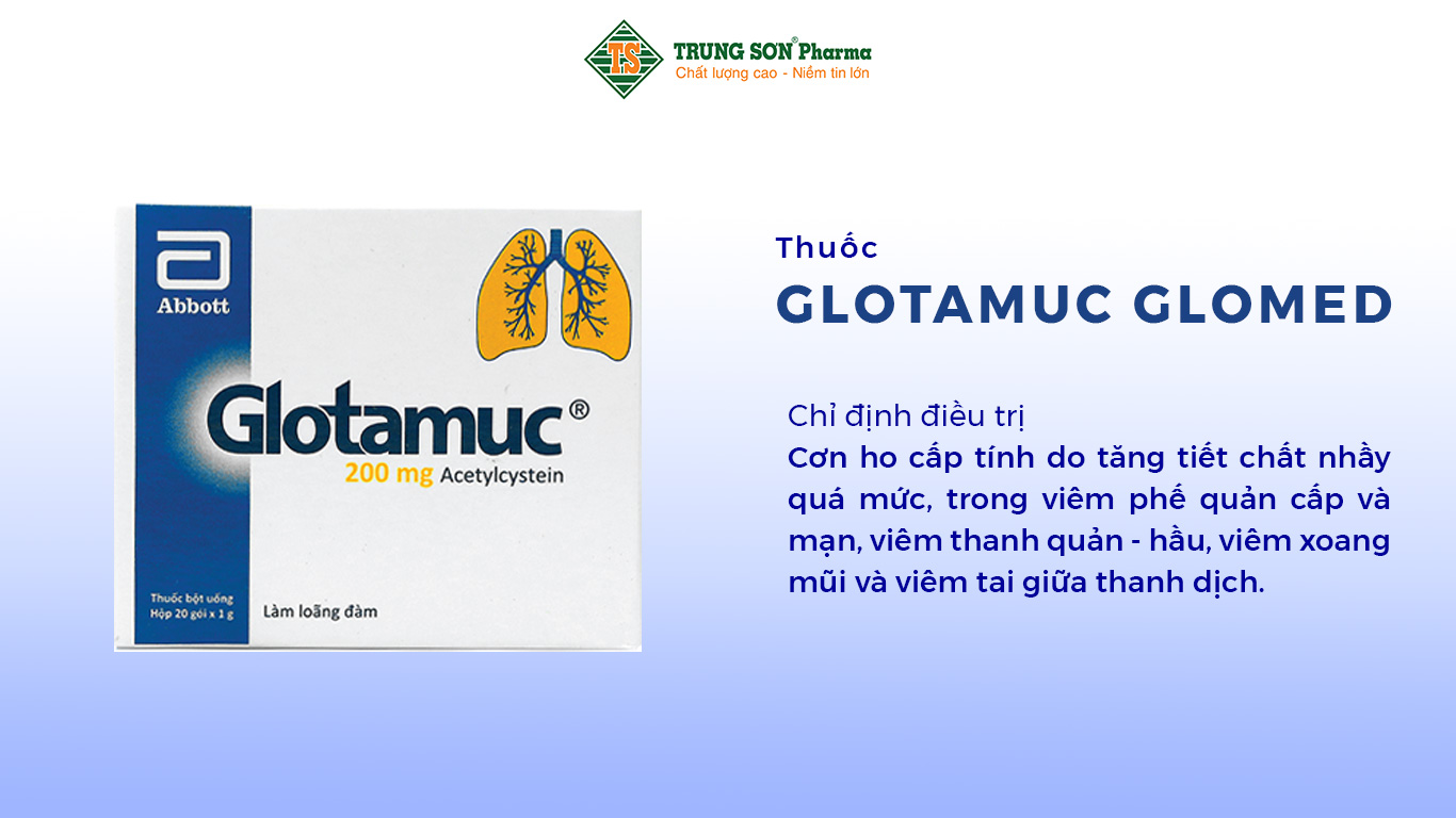 Thuốc Glotamuc được dùng để điều trị cơn ho cấp tính do tăng tiết chất nhầy quá mức, trong viêm phế quản cấp và mạn, viêm thanh quản - hầu, viêm xoang mũi và viêm tai giữa thanh dịch.