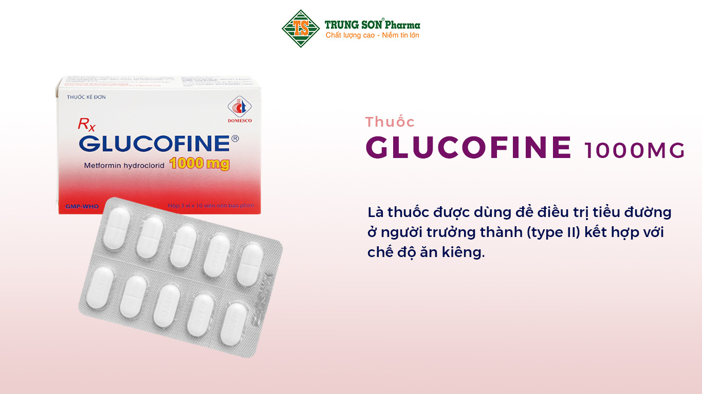 Thuốc Glucofine 1000mg là sản phẩm của Công ty Cổ phần Xuất nhập khẩu Y tế Domesco, với thành phần chính Metformin hydroclorid. Đây là thuốc được dùng để điều trị tiểu đường ở người trưởng thành (type II) kết hợp với chế độ ăn kiêng.