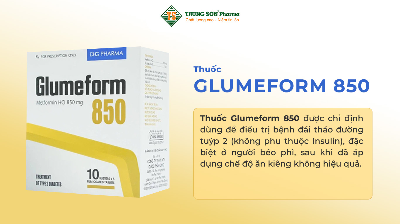 Thuốc Glumeform 850 của Công ty TNHH MTV Dược phẩm DHG, có thành phần chính là metformin HCI. Thuốc dùng để điều trị đái tháo đường tuýp 2.